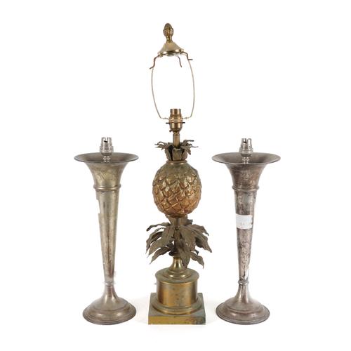 A PAIR OF SILVER-PLATED TRUMPET VASE TABLE LAMPS TOGETHER WITH A BRASS PINEAPPLE TABLE LAMP (3)