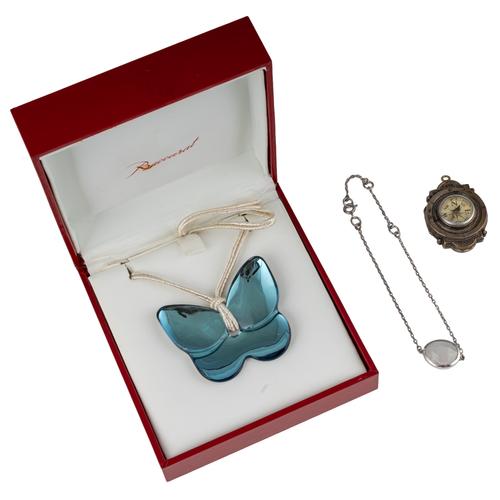 A BACCARAT BLUE GLASS BUTTERFLY PENDANT AND TWO FURTHER ITEMS (4)