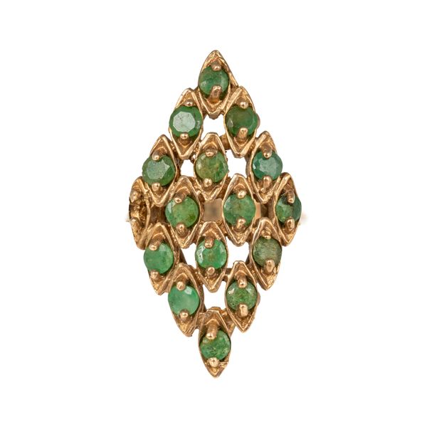 A 9CT GOLD AND EMERALD MARQUISE SHAPED CLUSTER RING