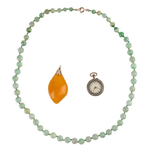 A SINGLE ROW NECKLACE OF JADE BEADS, AN AMBER PENDANT AND A LADY'S FOB WATCH (3)