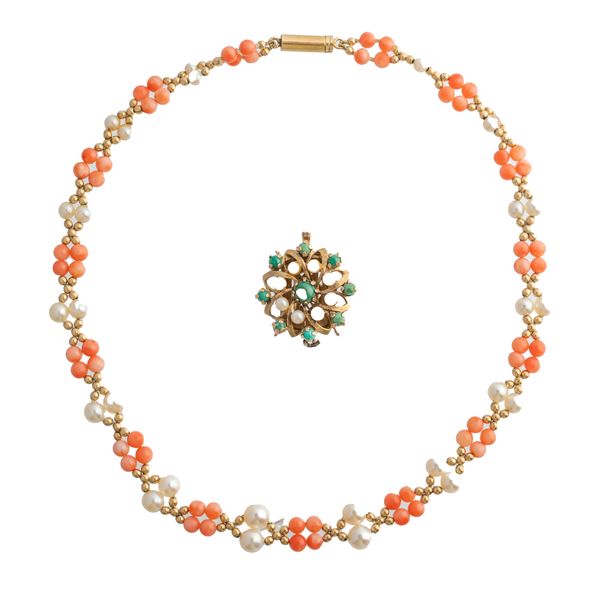 A PEARL AND CORAL NECKLACE WITH A TURQUOISE AND PEARL CLASP