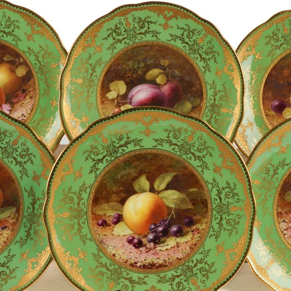 SIX COALPORT GREEN-GROUND BONE CHINA PLATES (6)
