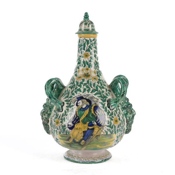 A TIN GLAZED EARTHENWARE FLASK AND COVER (2)