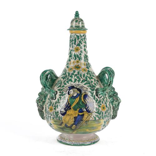 A TIN GLAZED EARTHENWARE FLASK AND COVER (2)