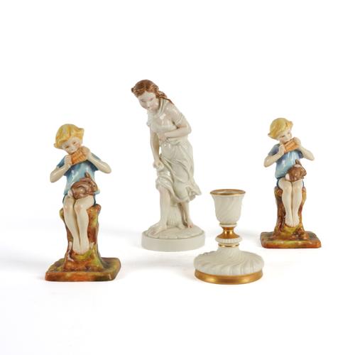 THREE ROYAL WORCESTER FIGURES AND A CANDLESTICK (4)