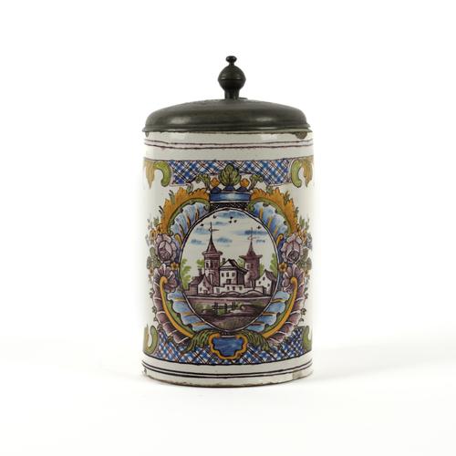 A PEWTER-MOUNTED FAIENCE TANKARD