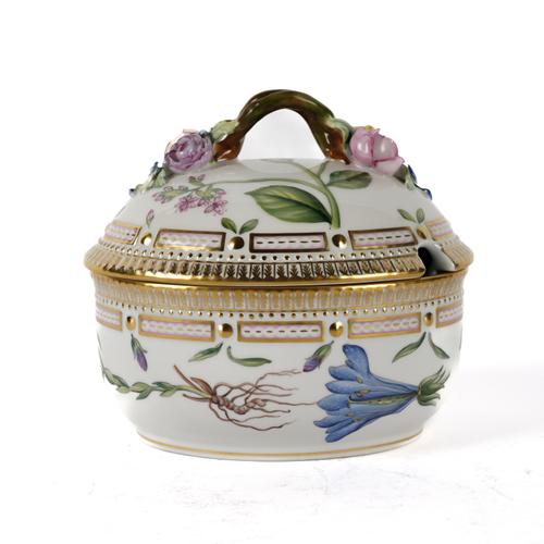 A ROYAL COPENHAGEN `FLORA DANICA' OVAL SUGAR BOWL AND COVER