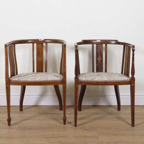 A NEAR PAIR OF EDWARDIAN INLAID MAHOGANY TUB BACK ARMCHAIRS (2)