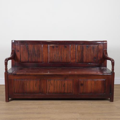 A 20TH CENTURY HARDWOOD OPEN ARM BOX SEAT SETTLE