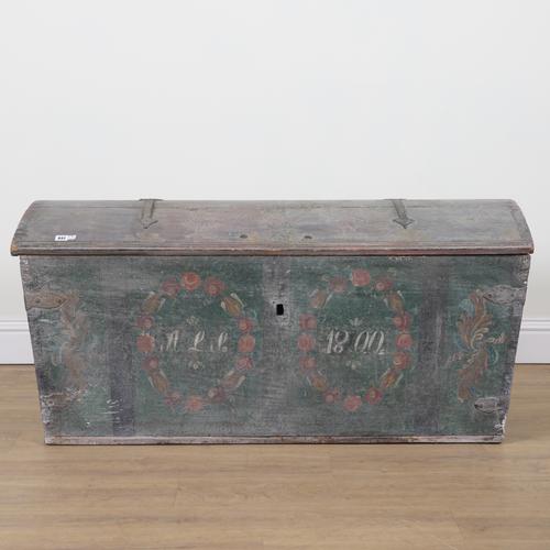 AN EARLY 19TH CENTURY NORTH EUROPEAN POLYCHROME PAINTED IRON BOUND DOME TOP TRUNK