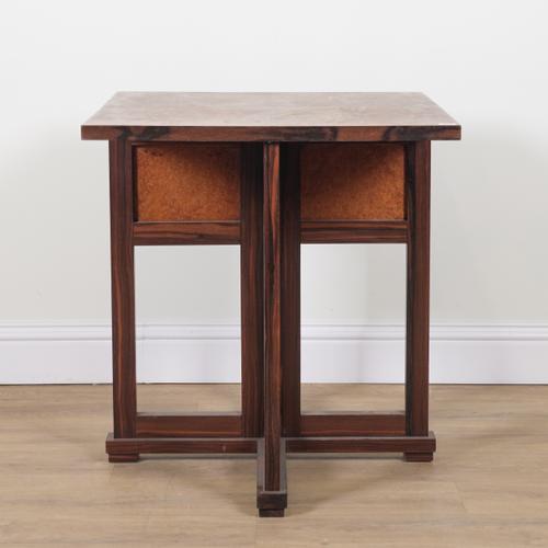 FRANCIS JOURDAIN 1925; AN EARLY 20TH CENTURY BURR AMBOYNA AND MACASSAR SQUARE CENTRE TABLE
