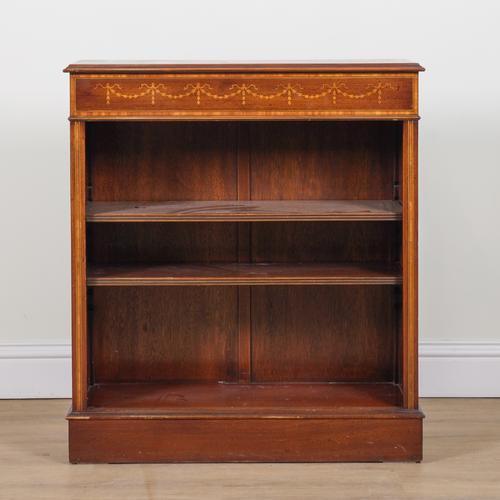AN EDWARDIAN MAHOGANY INLAID OPEN BOOKCASE