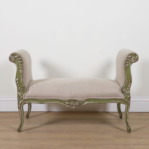 A LOUIS XV STYLE GREEN POLYCHROME PAINTED WINDOW SEAT