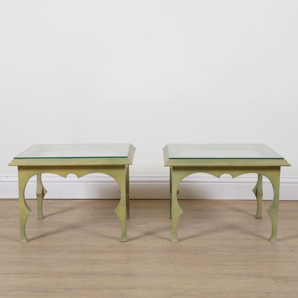 A PAIR OF MODERN GREEN PAINTED RECTANGULAR OCCASIONAL TABLES (2)