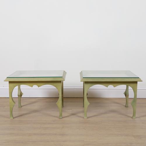 A PAIR OF MODERN GREEN PAINTED RECTANGULAR OCCASIONAL TABLES (2)