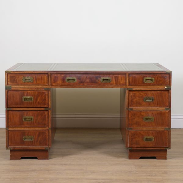 A CAMPAIGN STYLE MAHOGANY PEDESTAL DESK