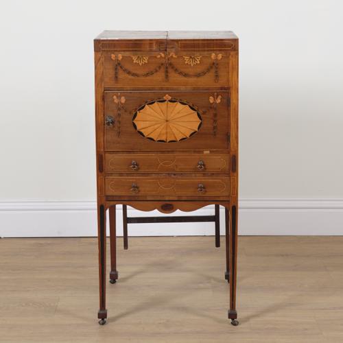 AN 18TH CENTURY MAHOGANY SATINWOOD MARQUETRY INLAID LIFT TOP WASH STAND