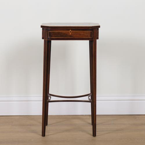 A GEORGE III ROSEWOOD AND SPECIMEN WOOD INLAID LIFT TOP WORK TABLE