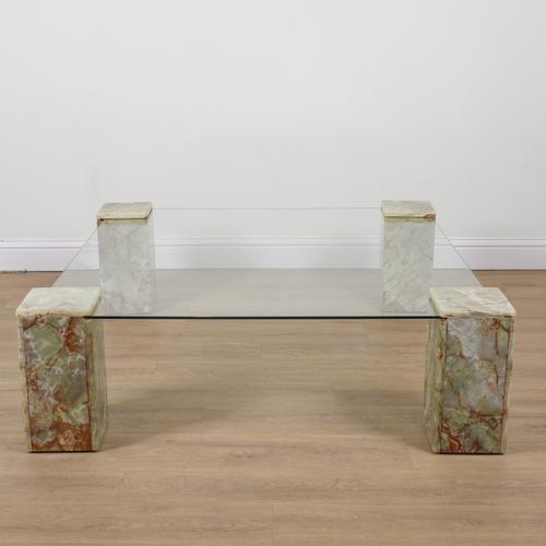 A 20TH CENTURY ONYX AND GLASS RECTANGULAR COFFEE TABLE
