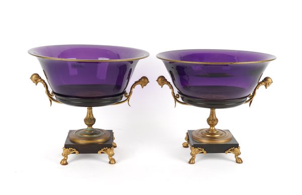 A PAIR OF FRENCH ORMOLU AMETHYST GLASS TAZZE WITH CLASSICAL MASKS (2)