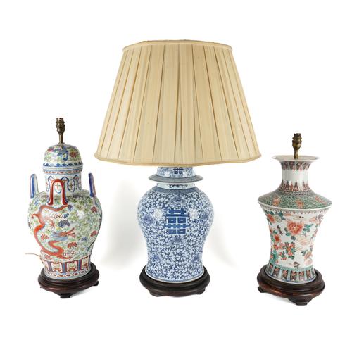 A GROUP OF THREE CHINESE PORCELAIN BALUSTER TABLE LAMPS (3)