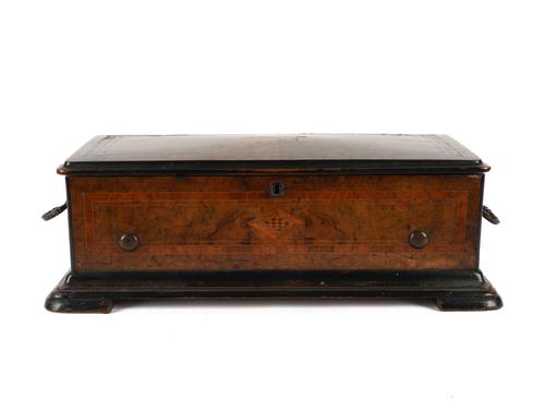 A SWISS INLAID WALNUT MUSIC BOX PLAYING SIX AIRES