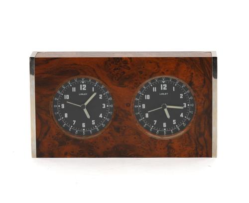 LINLEY: A WALNUT AND CHROME MOUNTED DOUBLE DIAL DESK CLOCK