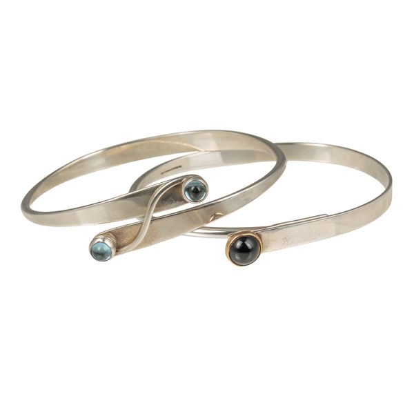 TWO ED LEVIN SILVER AND GEM SET BANGLES (2)