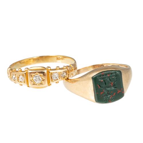 A DIAMOND RING AND A BLOODSTONE SIGNET RING (2)