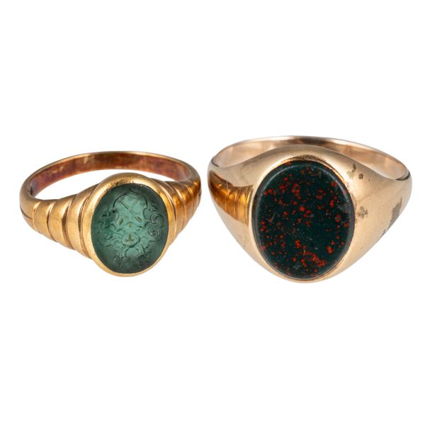 TWO GOLD MOUNTED SIGNET RINGS (2)