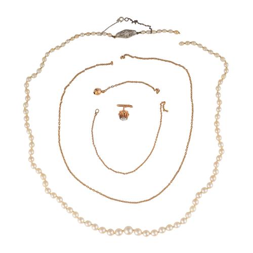 A DIAMOND DRESS BUTTON, THREE SECTIONS OF CHAIN AND A CULTURED PEARL NECKLACE (5)