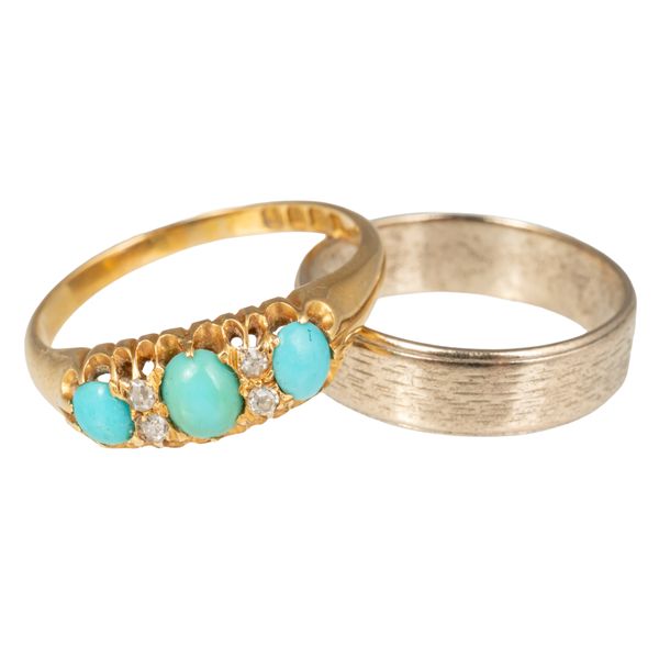 AN 18CT GOLD, TURQUOISE AND DIAMOND RING AND A 9CT WHITE GOLD WEDDING RING (2)