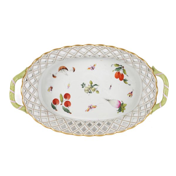 A LARGE HEREND 'MARKET GARDEN' PATTERN TWO-HANDLED OVAL PIERCED BASKET