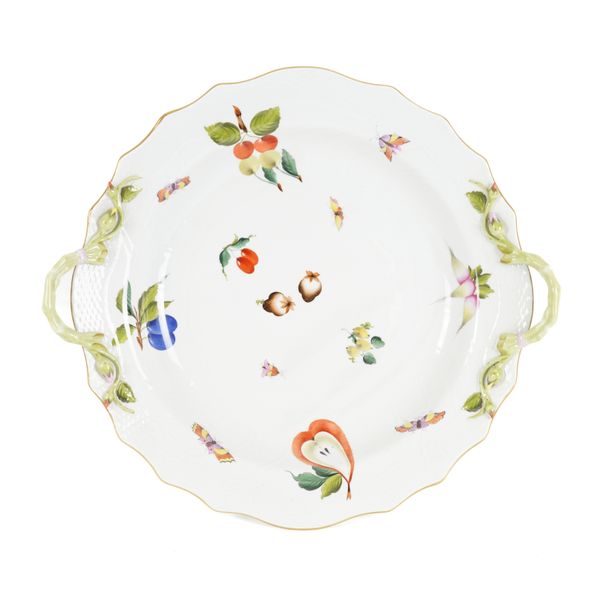 A LARGE HEREND 'MARKET GARDEN' PATTERN OZIER MOULDED TWO-HANDLED CIRCULAR DISH OR STAND