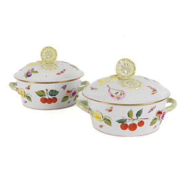 A PAIR OF HEREND 'MARKET GARDEN' PATTERN OZIER MOULDED TWO-HANDLED CIRCULAR TUREENS AND COVERS (4)