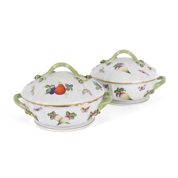 A PAIR OF HEREND 'MARKET GARDEN' PATTERN OZIER MOULDED CIRCULAR TWO-HANDLED VEGETABLE TUREENS AND COVERS (4)