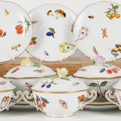 A SET OF TWELVE HEREND 'MARKET GARDEN' PATTERN OZIER MOULDED SOUP CUPS, COVERS AND STANDS (36)