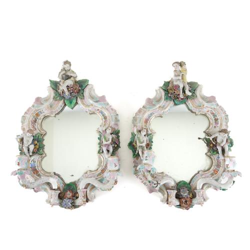 A PAIR OF GERMAN DRESDEN FLORAL PORCELAIN TWIN LIGHT WALL APPLIQUES (2)