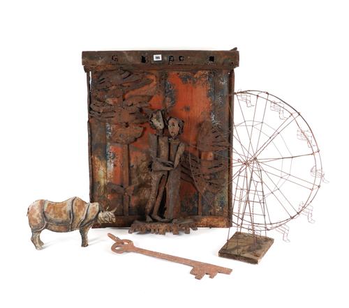 OF FOLK ART INTEREST: A SHEET METAL FIGURAL GROUP TOGETHER WITH A WIRE FERRIS WHEEL, A CUT-OUT IRON KEY DISPLAY SIGN AND A PAINTED SHEET METAL RHINO (4)