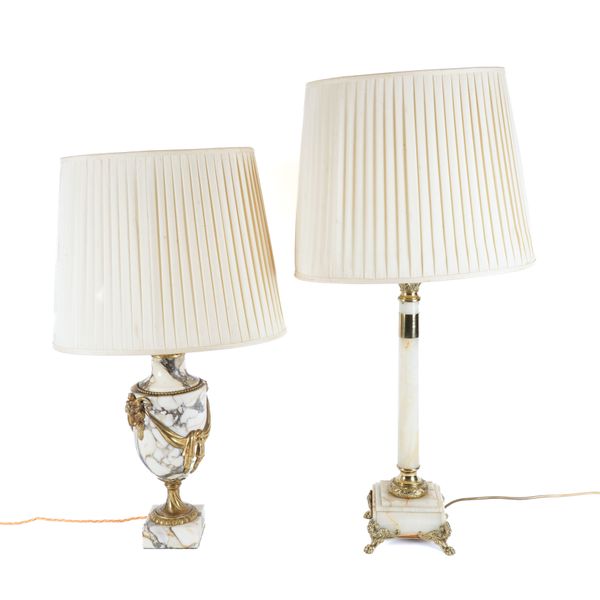 A LOUIS XVI STYLE GILT-METAL MOUNTED BRECCIA VIOLETTA MARBLE URN SHAPED TABLE LAMP AND AN ONYX CORINTHIAN COLUMN TABLE LAMP (2)