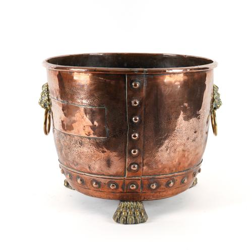 A LATE VICTORIAN RIVETTED COPPER AND BRASS MOUNTED LOG BIN