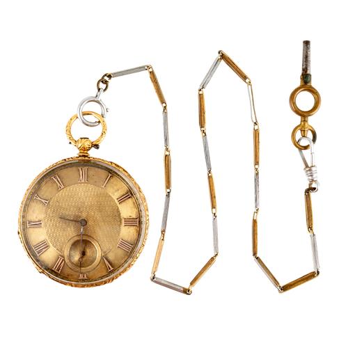 A GOLD CASED, KEY WIND OPENFACED FOB WATCH WITH A CHAIN AND KEY