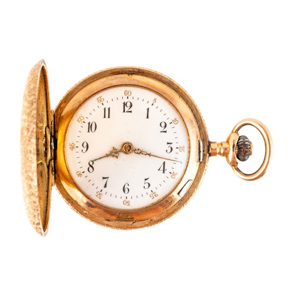 A GOLD CASED, KEYLESS WIND, HUNTING CASED LADY'S FOB WATCH