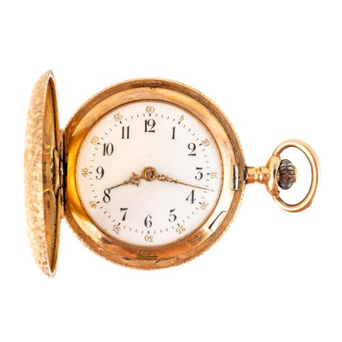 A GOLD CASED, KEYLESS WIND, HUNTING CASED LADY'S FOB WATCH