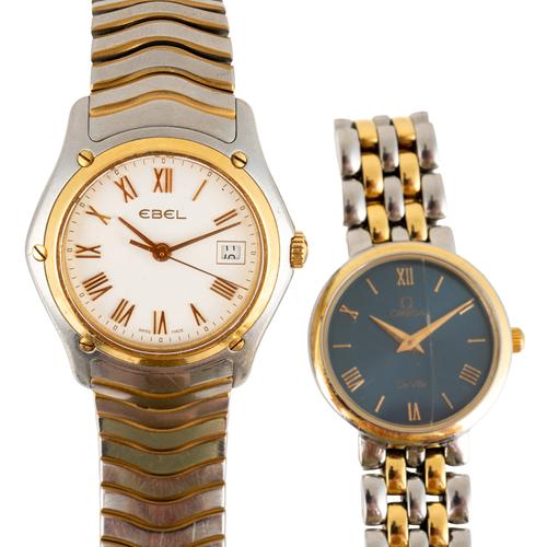 AN OMEGA DE VILLE LADY'S STEEL AND GILT METAL BRACELET WRISTWATCH AND AN EBEL LADY'S BRACELET WRISTWATCH (2)