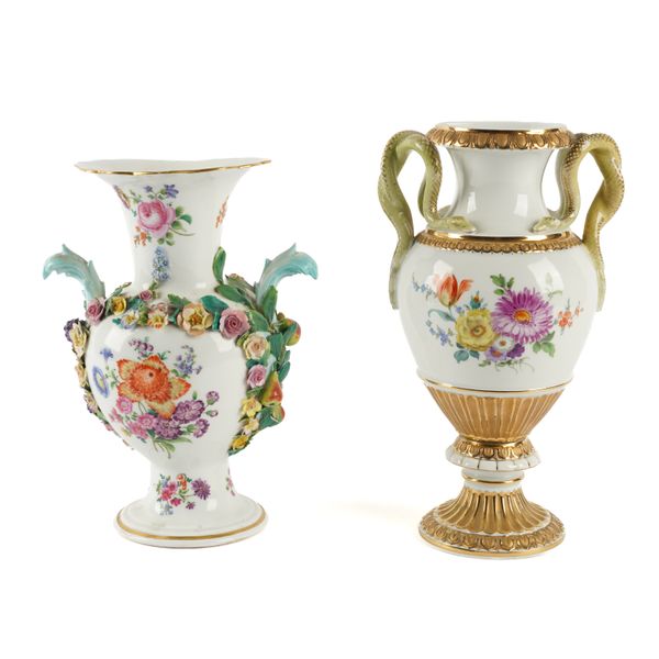 TWO MEISSEN PORCELAIN TWO-HANDLED VASES (2)