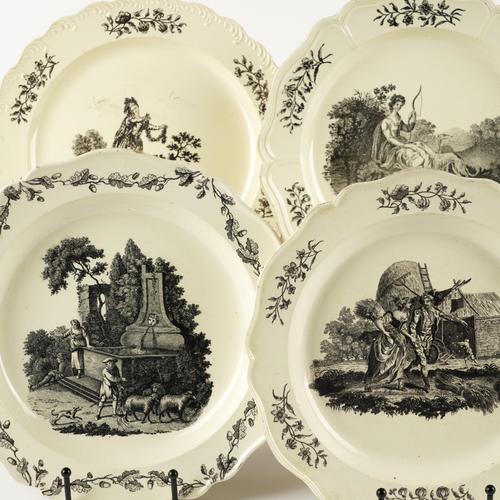FOUR BLACK PRINTED CREAMWARE PLATES