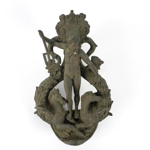 A LARGE BRONZE DOOR KNOCKER MODELLED AS THE SEA GOD NEPTUNE