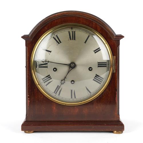 A GERMAN MAHOGANY QUARTER STRIKING MANTEL CLOCK
