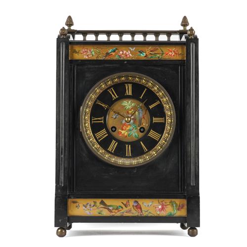 A FRENCH AESTHETIC TASTE BLACK SLATE AND GILT DECORATED MANTEL CLOCK